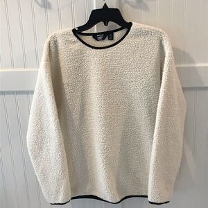 Lands End Fleece Sweater. Ivory with black trim banded collar, sleeve and bottom